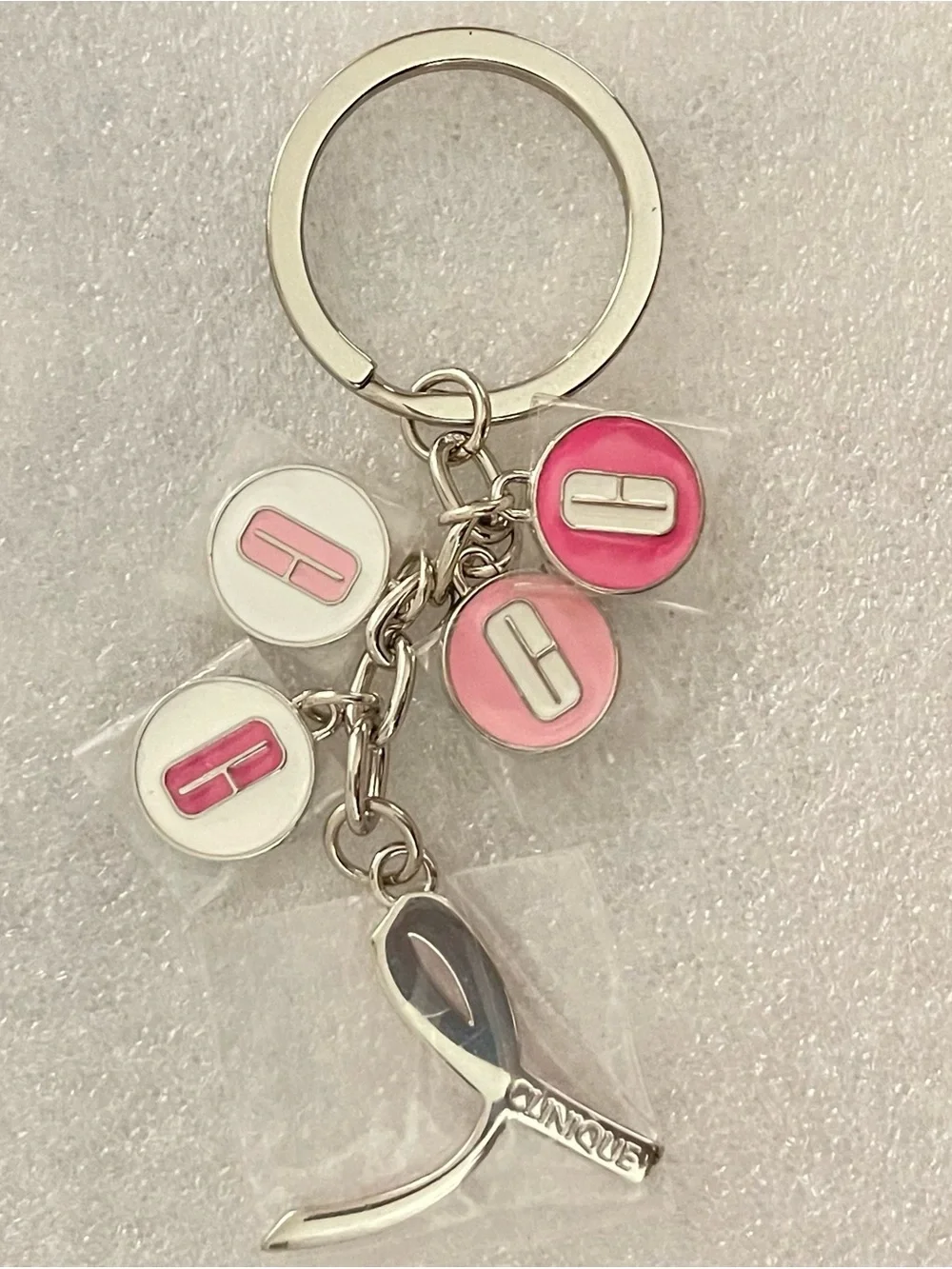 Clinique Key Chain Ring Breast Cancer Awareness Charms Pink Ribbon Silver Tone